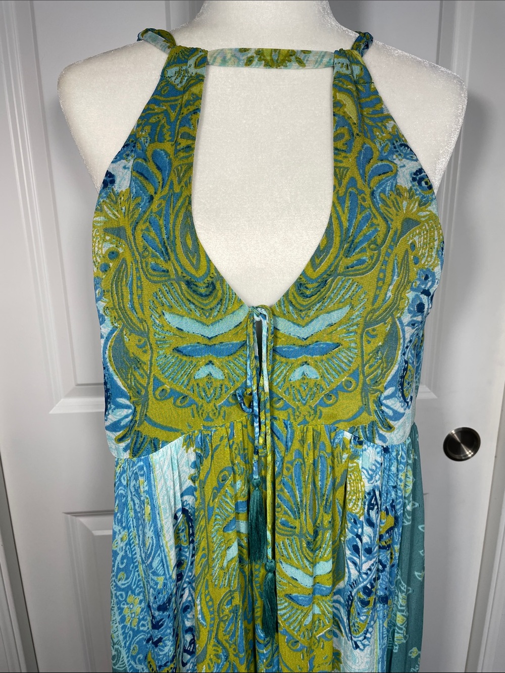 Free People Spring Scenery Maxi Dress Size 12 Halter Neck Floral Blue Green - Picture 8 of 15